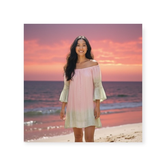 new Zury 𖡗 Metallic Thread Off Shoulder Peasant Dress 𖡗 Pink Tie Dye Ombré 𖡗 - Picture 15 of 16